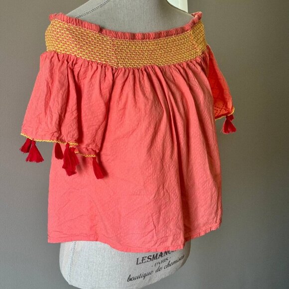 Off-Shoulder Boho Textured Cotton Top with Tassels - Size Small - Picture 4 of 8